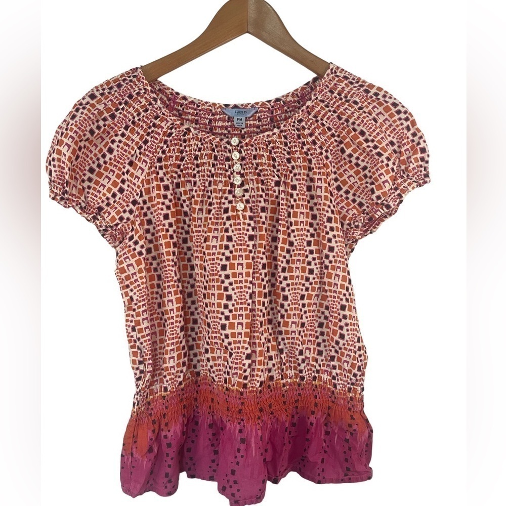 IZOD petite Medium cotton blouse. Bright pink and orange. Lightweight and soft!